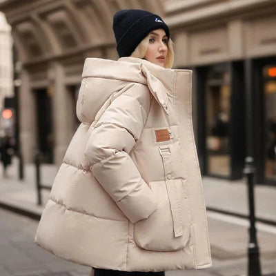 beige women’s padded waterproof winter coat