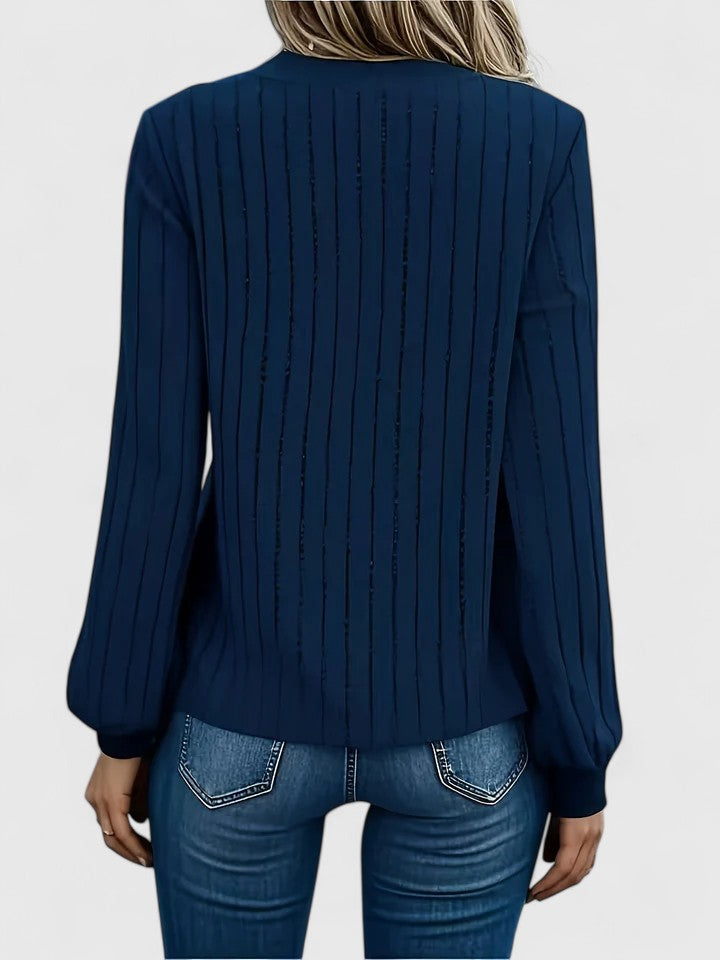 back view of navy blue womens ribbed v-neck sweater