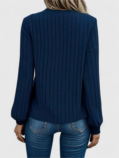 back view of navy blue womens ribbed v-neck sweater