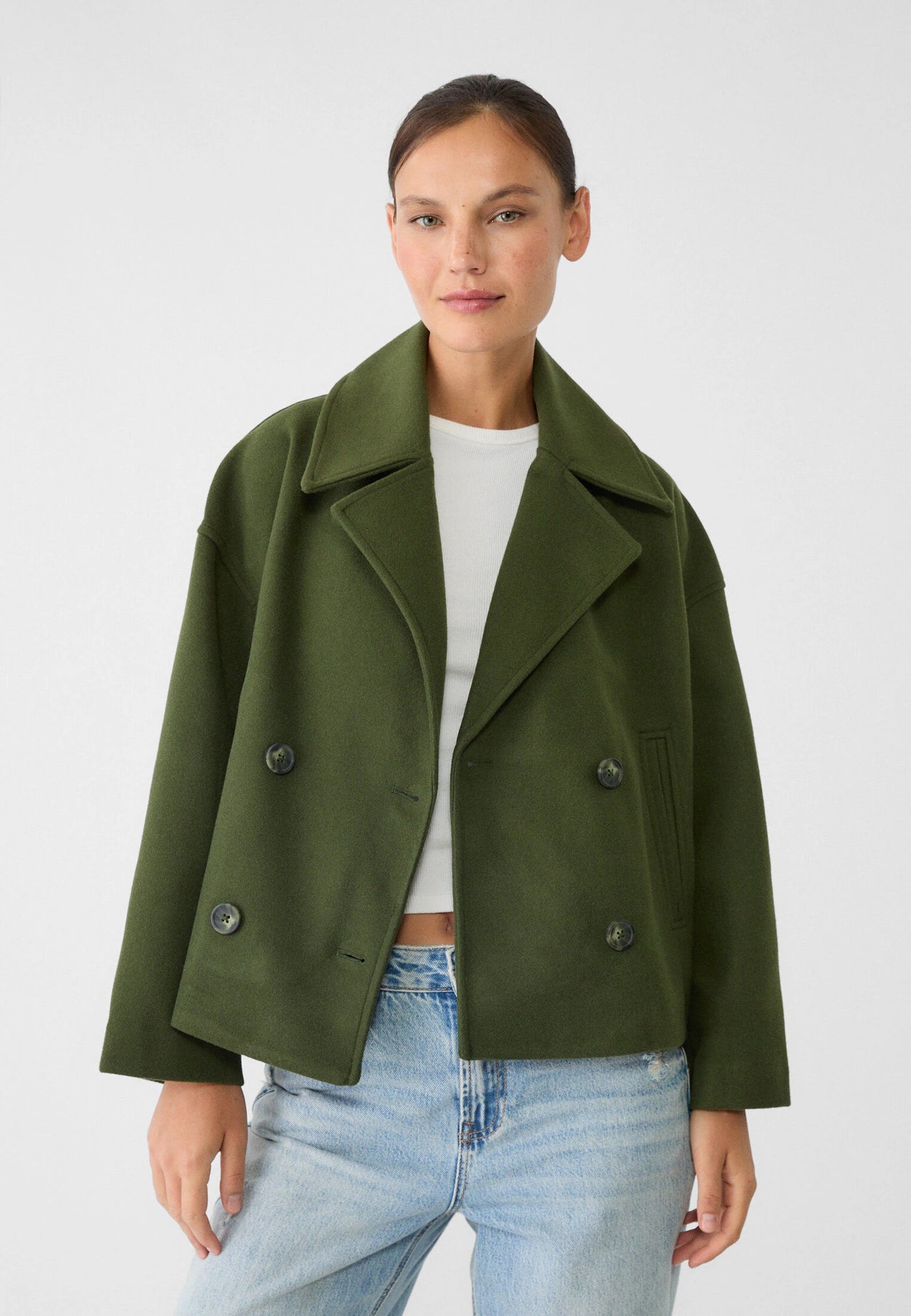 green women’s short double-breasted faux-leather coat
