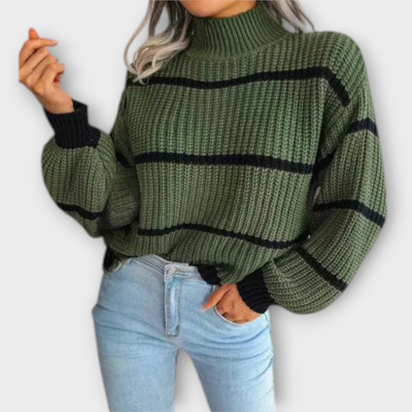 green women’s turtleneck sweater with stripes
