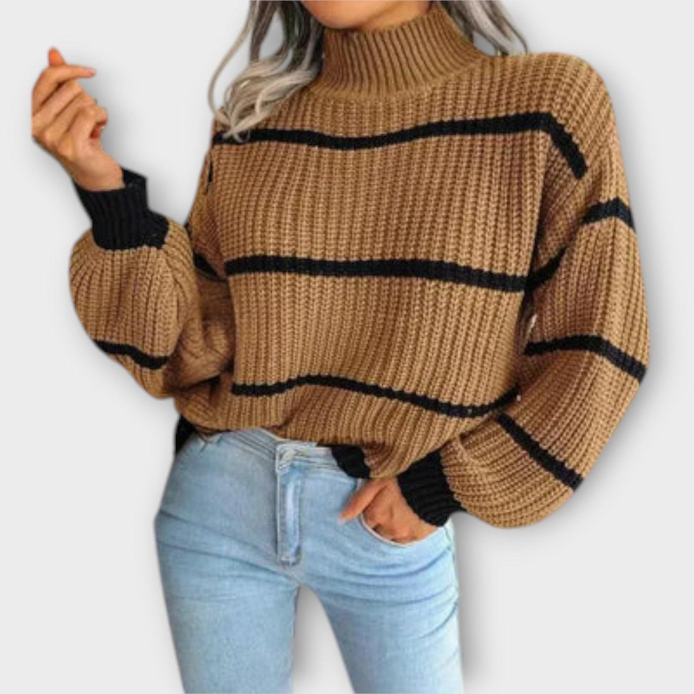 khaki women’s turtleneck sweater with stripes