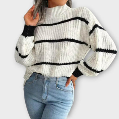 white women’s turtleneck sweater with stripes
