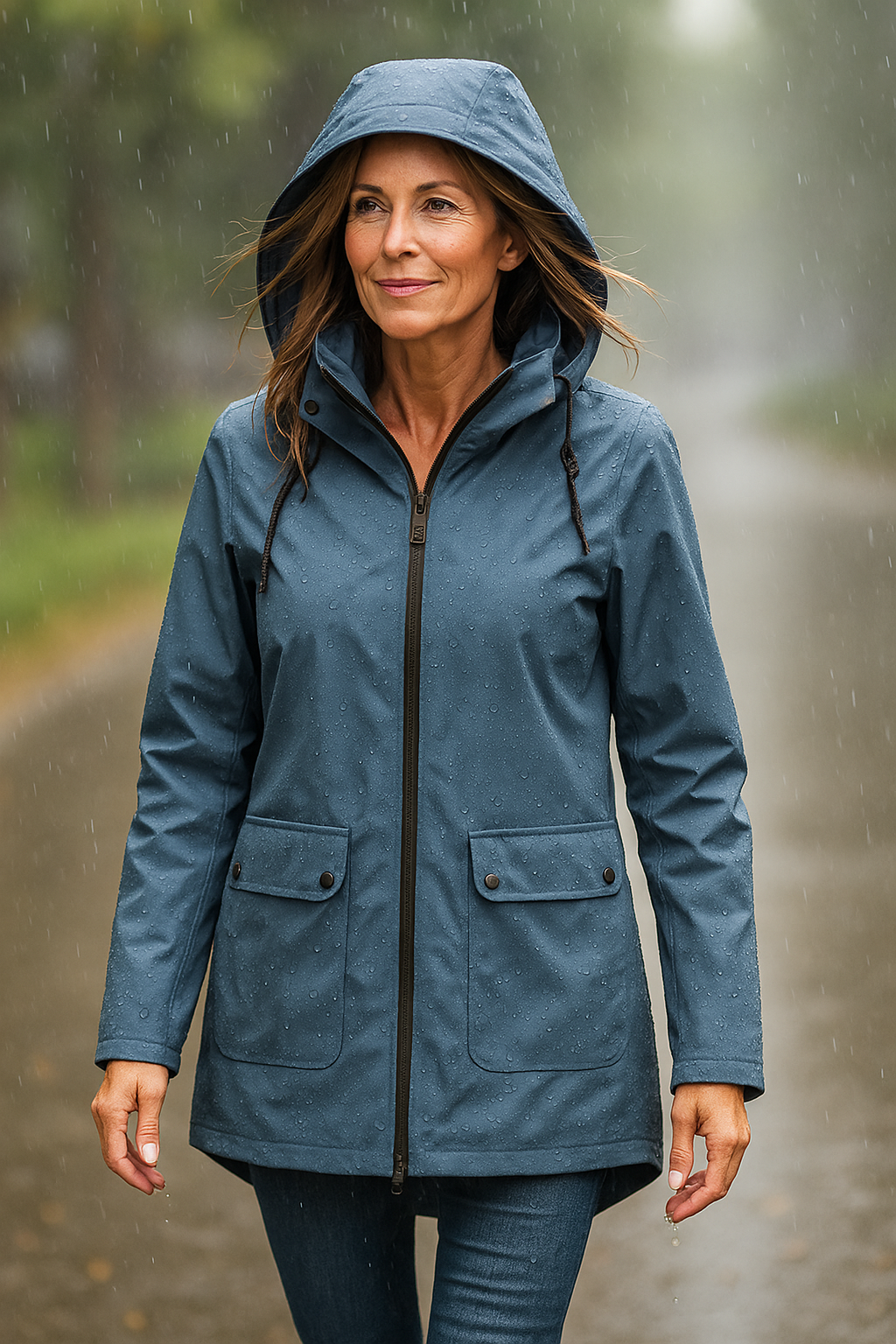 model wearing blue womens wind & waterproof jacket