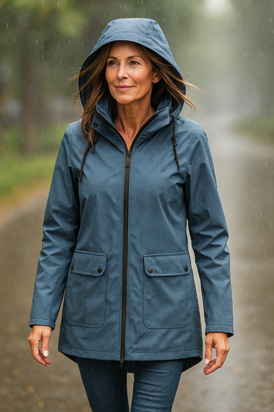 model wearing blue womens wind & waterproof jacket