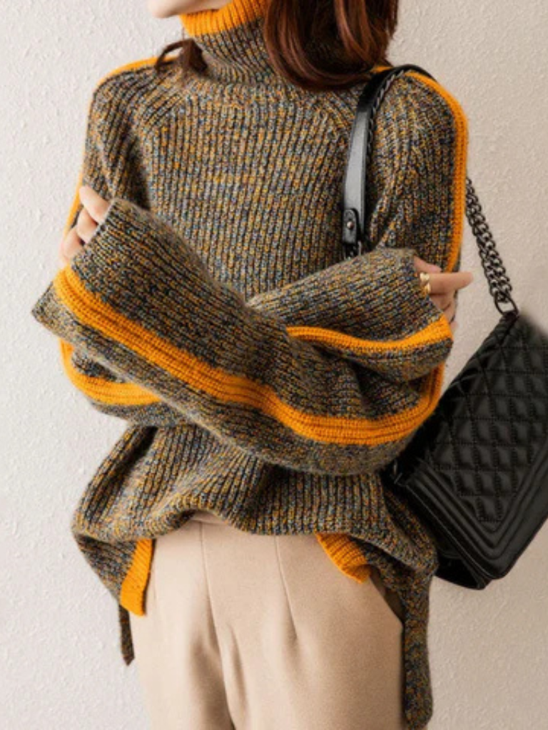 posed view of brown womens wool blend turtleneck sweater